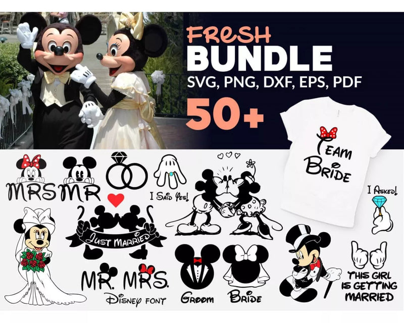 Mickey Wedding SVG, Mickey And Minnie Just Married SVG Files For Cricut, Disney Just Married PNG Transparent