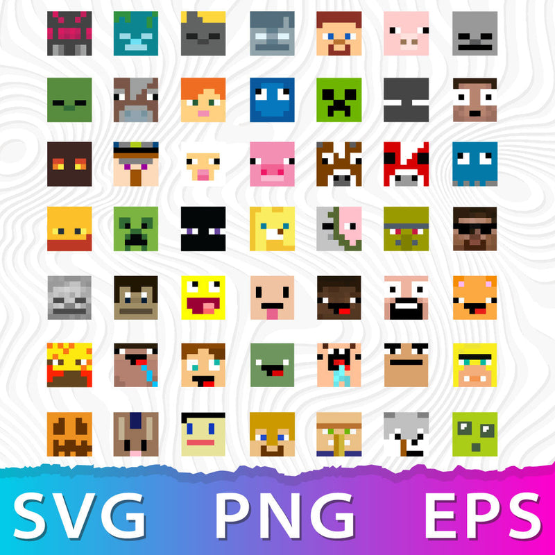Minecraft Topper SVG Bundle, Minecraft Faces SVG, Minecraft Party, Steve minecraft PNG, Creeper SVG