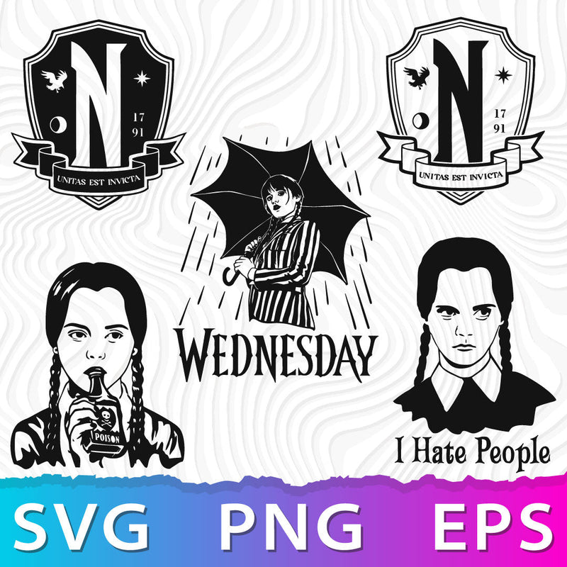 Wednesday Addams SVG, Jenna Ortega, Addams Family PNG, Wednesday Girl With Umbrella, Nevermore Emblem