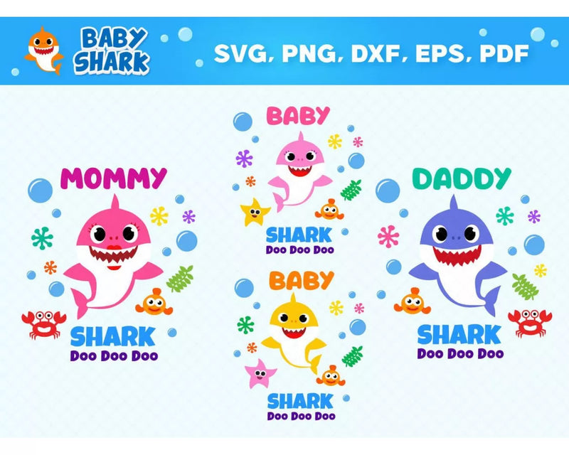 Baby Shark Family Clipart Bundle, PNG & SVG Cut Files for Cricut & Silhouette