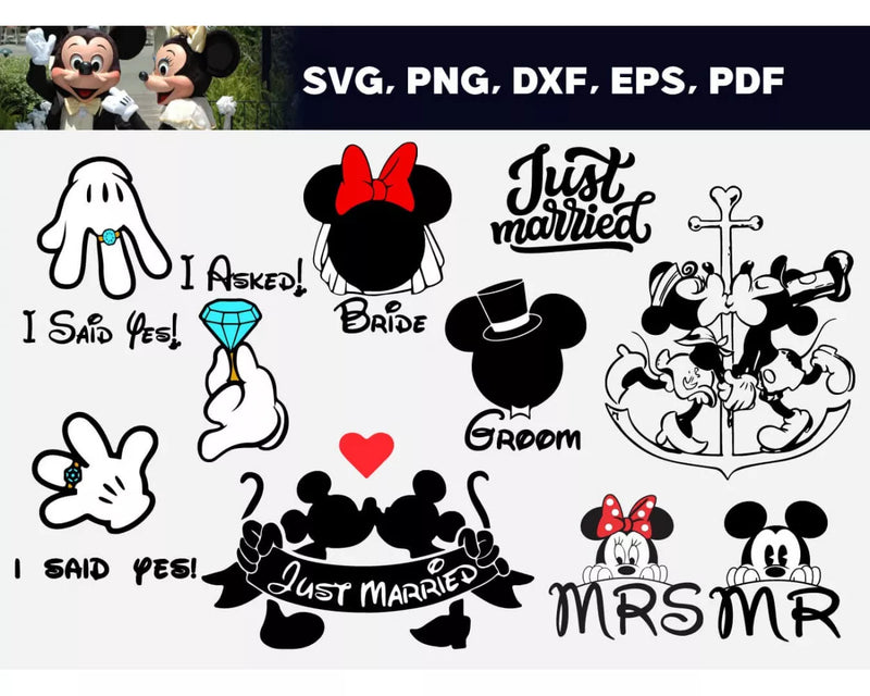 Mickey Wedding SVG, Mickey And Minnie Just Married SVG Files For Cricut, Disney Just Married PNG Transparent