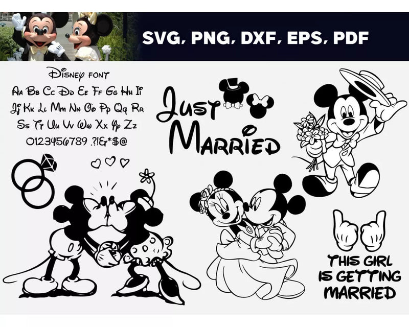 Mickey Wedding SVG, Mickey And Minnie Just Married SVG Files For Cricut, Disney Just Married PNG Transparent