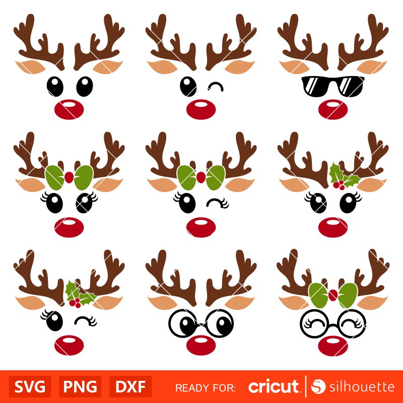 Christmas Reindeer Bundle Svg, Reindeer Face Svg, Merry Christmas Svg, Santa Claus Svg, Cricut, Silhouette Vector Cut File