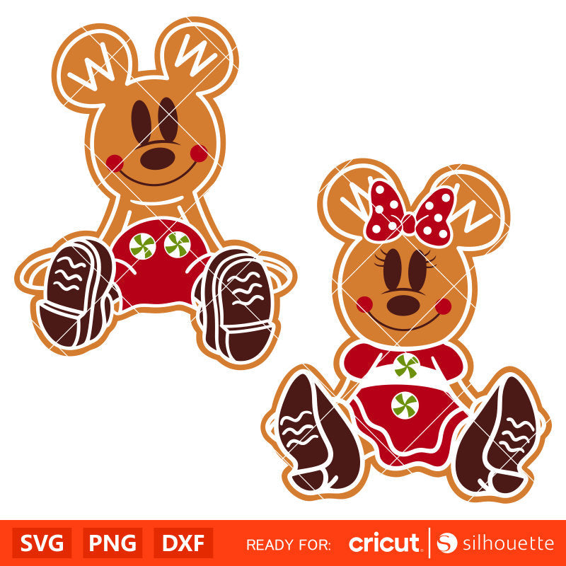Gingerbread Cookie Mickey &amp; Minnie&nbsp;Svg, Christmas Svg, Disney Christmas Svg, Santa Claus Svg, Cricut, Silhouette Vector Cut File