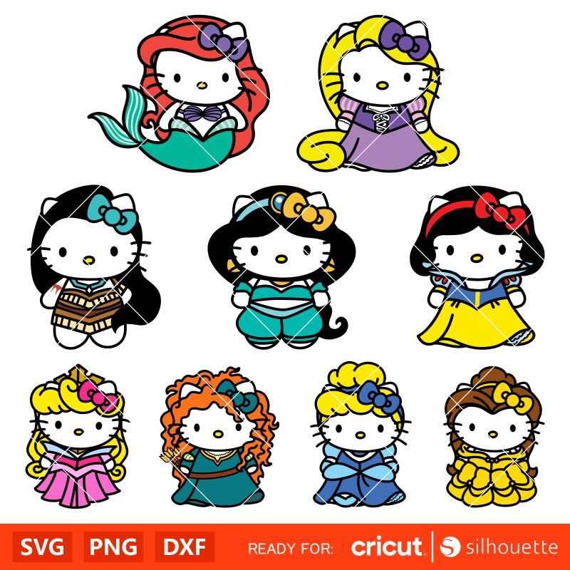 Hello Kitty Disney Princess Svg, Hello Kitty Svg, Ariel Svg, Disney Svg, Cricut, Silhouette Vector Cut File