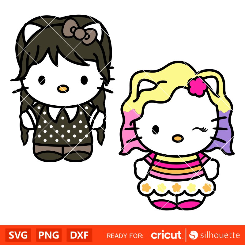 Hello Kitty Wednesday &amp; Enid Bundle Svg, Nevermore Academy Svg, Dancing Queen Svg, Jenna Ortega Svg, Cricut, Silhouette Vector Cut File