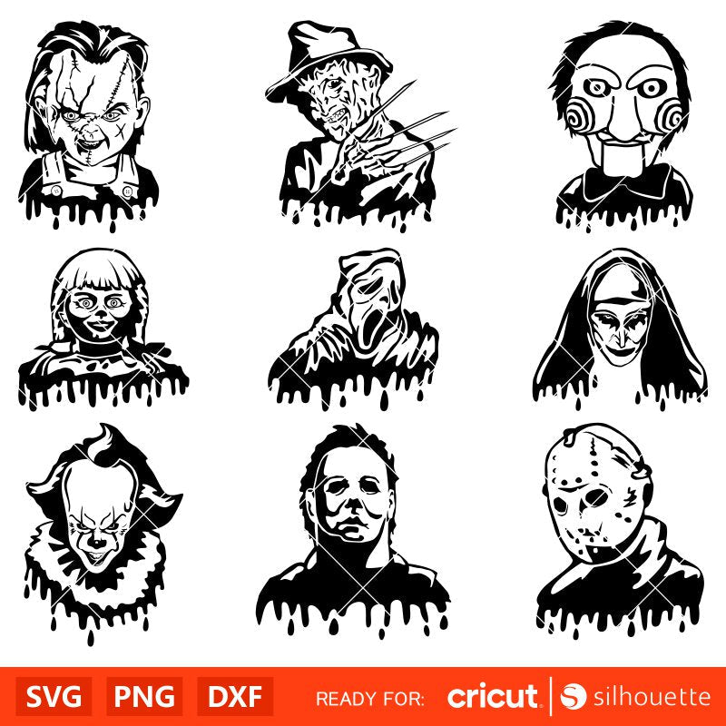 Horror Characters Drip Svg Bundle, Instant Download, Bundle For Cricut, Silhouette Vector SVG PNG DXF Cut File