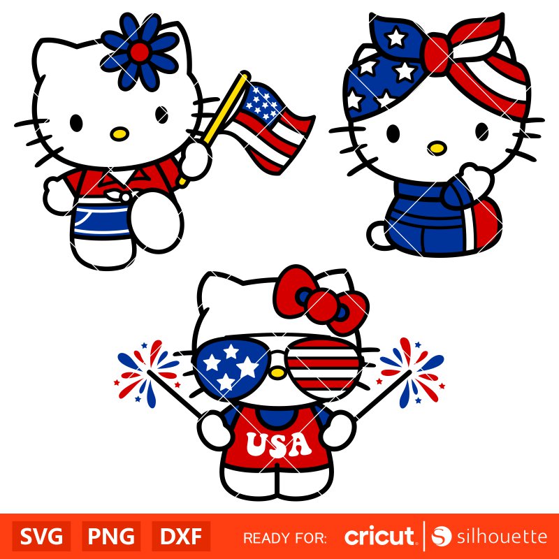 Patriotic Hello Kitty Bundle Svg, Sanrio Svg, Hello Kitty Svg, Kawaii Svg, Cricut, Silhouette Vector Cut File