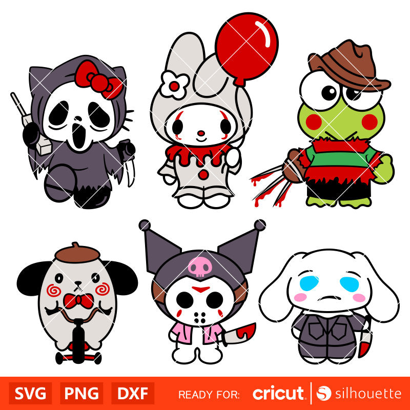 Sanrio Horror Movie Characters Bundle Svg, Kawaii Svg, Halloween Svg, Horror Movie Svg, Cricut, Silhouette Vector Cut File