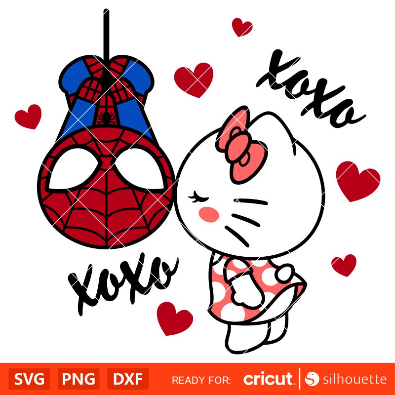 Spider-Man Kissing Hello Kitty&nbsp;Svg, Valentine’s Day Svg, Sanrio Valentine Svg, Kawaii Svg, Cricut, Silhouette Vector Cut File