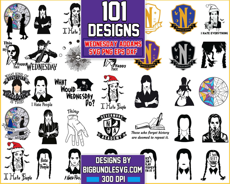 101 Wednesday Addams svg, Addams Family svg file, Netflix series bundle, Wednesday svg png eps dxf