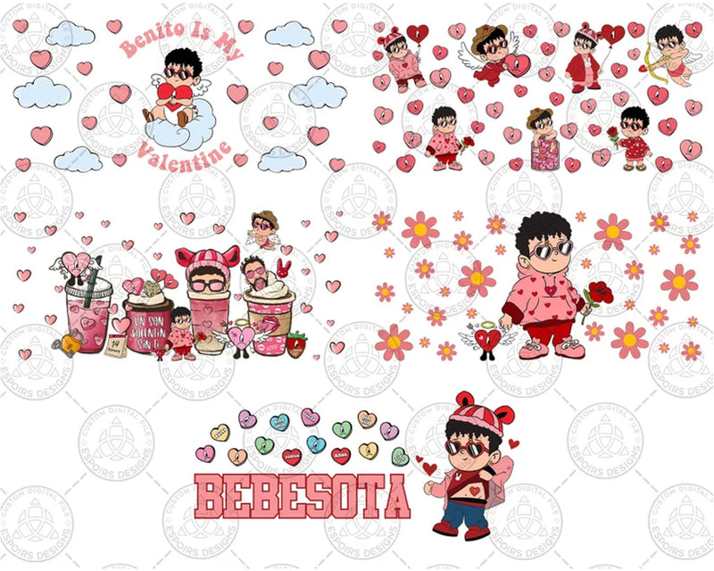 10+ Valentine Bad Bunny Glass Can Wrap Png, Valentine 16oz Libbey Glass Wrap Png, Trendy Valentine Png,Valentine Benito Png