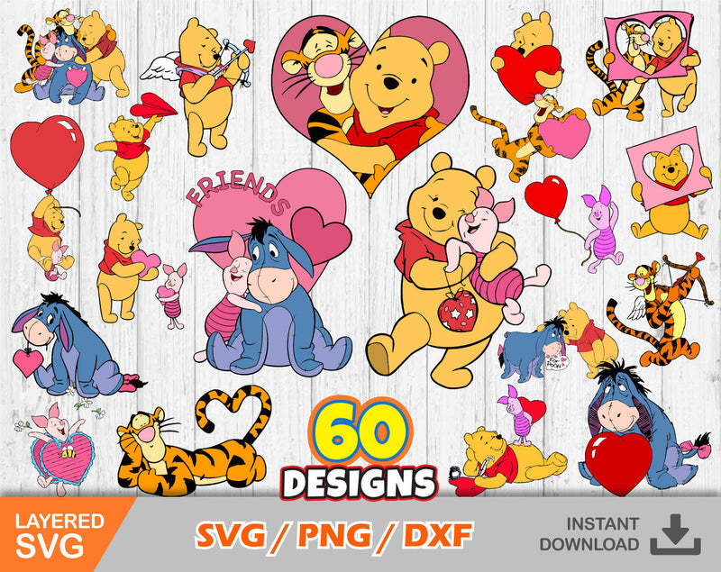 Pooh and Friends Valentine's Day clipart bundle, Valentines Day svg cut files for Cricut / Silhouette, Winnie the Pooh svg, png, dxf