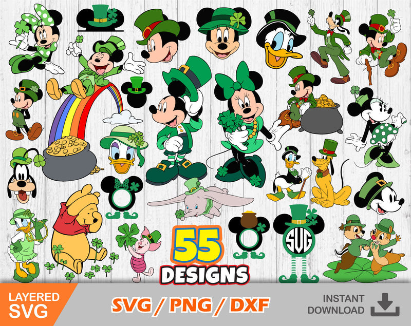 Mickey and Friends Saint Patricks Day 55 cliparts bundle, St. Patrick's Day svg cut files for Cricut / Silhouette, png, dxf